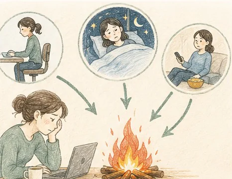 長時間の座り仕事・浅い眠り・スマホ姿勢が、焚き火に薪をくべるように痛みを育てる