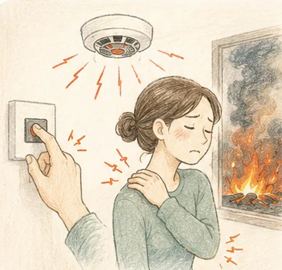 鳴り響く火災報知器を止める女性。窓の外では火が燃えている